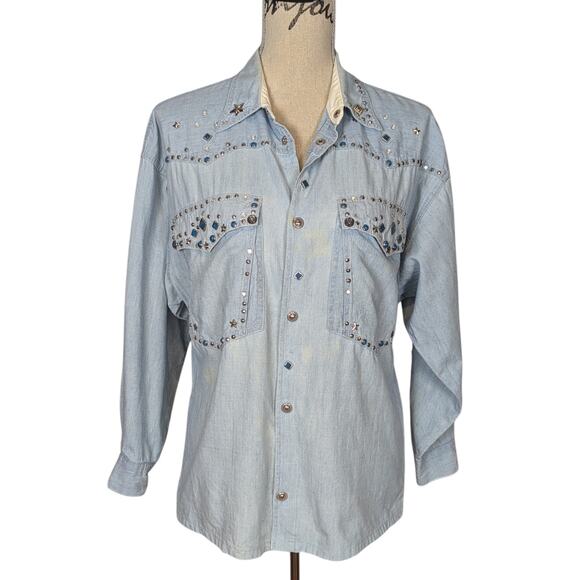 90s Vintage Embellished Denim Snap Button Up Shirt Light Wash Size Small - Picture 2 of 16